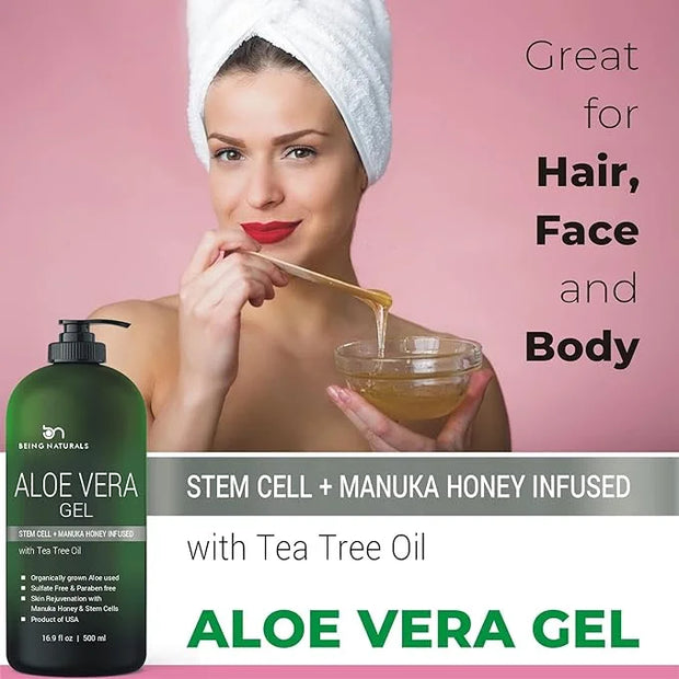 Aloe vera Gel - from 100% Pure Organic Aloe Infused with Manuka Honey, Stem Cell, Tea Tree Oil - Natural Raw Moisturizer f...