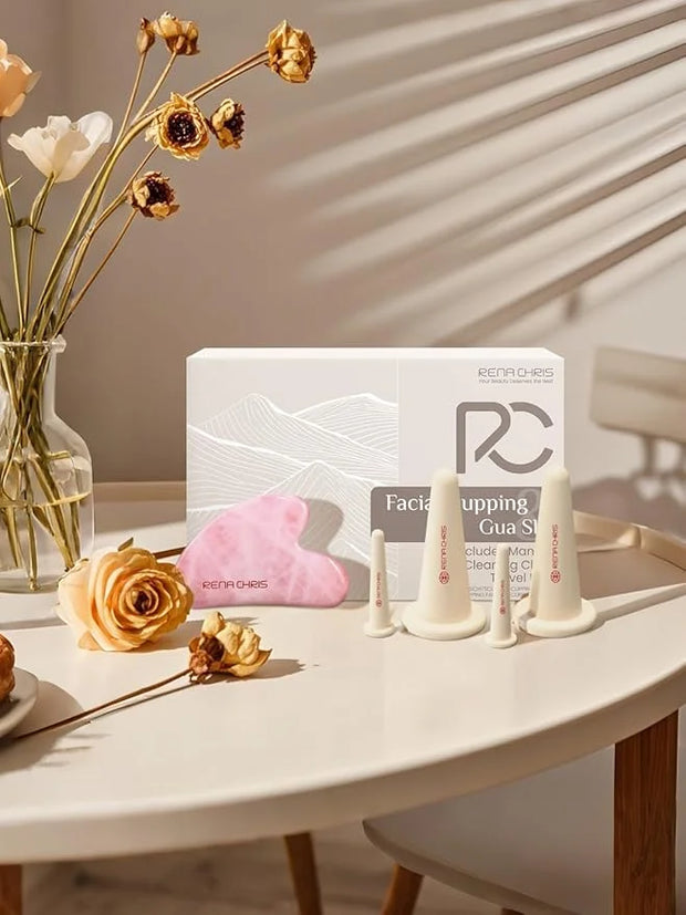 Rena Chris Facial Cupping Set & Gua Sha Facial Tool - Silicone Cupping Set & Rose Quartz Gua Sha Stone - Face Cupping Ther...