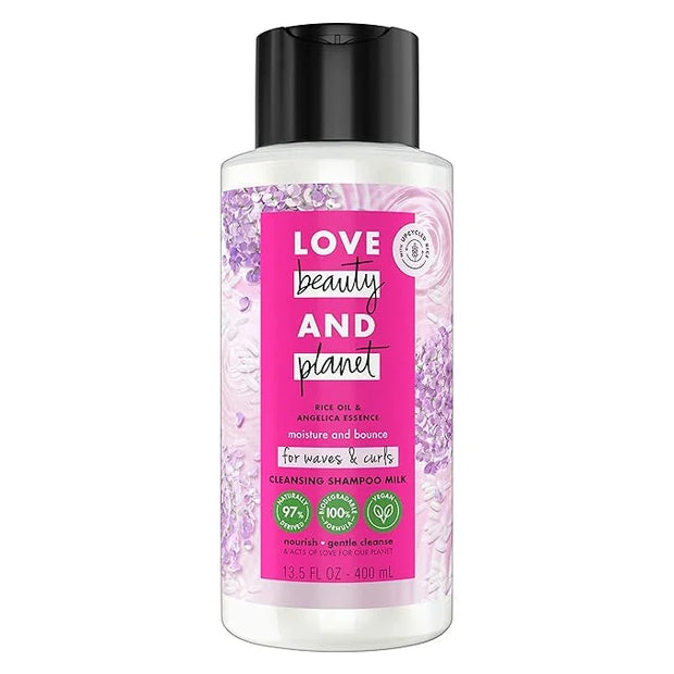 Love Beauty and Planet Shampoo Milk Moisture and Bounce for Waves and Curls Rice Oil and Angelica Essence 100 percent Biod...