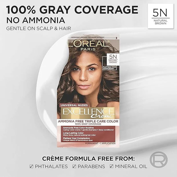 L’Oreal Paris Excellence Universal Nudes Permanent Hair Color, Ammonia Free Hair Dye for Gray Hair Coverage, 5N Natural Br...