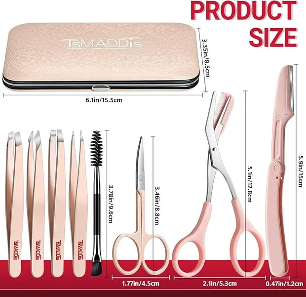 TsMADDTs Tweezers for Women Facial Hair, 8 in 1 Eyebrow Kit with Tweezers, Eyebrow Trimmer Scissors, Razor, Brush with Tra...