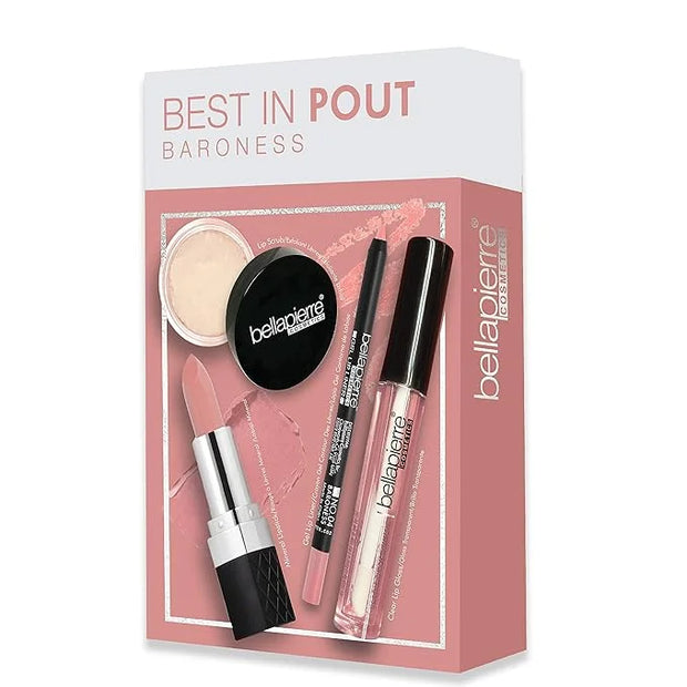 bellapierre Best in Pout Kit | Lip Scrub, Mineral Lipstick, Gel Lip Liner & Clear Lip Gloss | Non-Toxic and Paraben Free |...