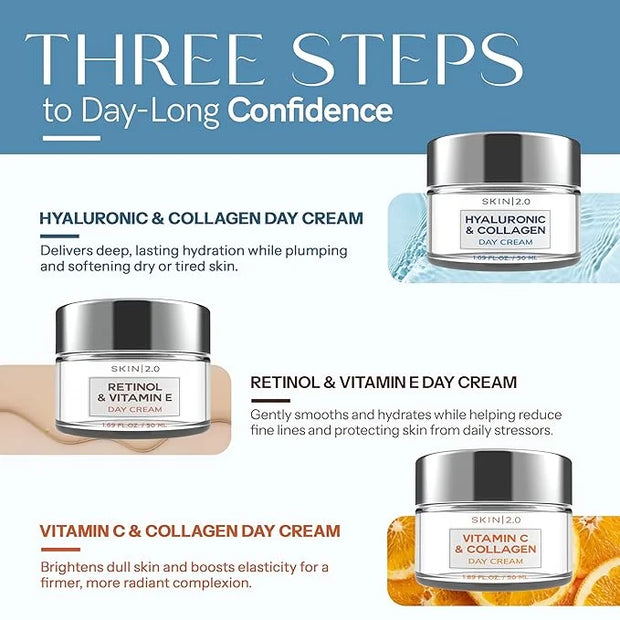 Skin 2.0-3 Day Creams Value Set - Dermatologist Tested, Hydrating - Anti-Aging, Clean Beauty, Natural Ingredients, Cruelty...