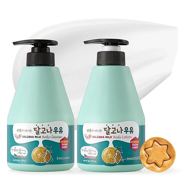 WELCOS Kwailnara Dalgona Milk Body Lotion & Body Wash Set – Energizing & Moisturizing Korean Skincare Set with Dalgona Ext...