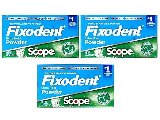 Fixodent Denture Adhesive Powder, Extra Strong, Plus Scope, Strong, Long Hold Powder, Airtight Seal, 1.6 OZ, Pack of 3 - P...