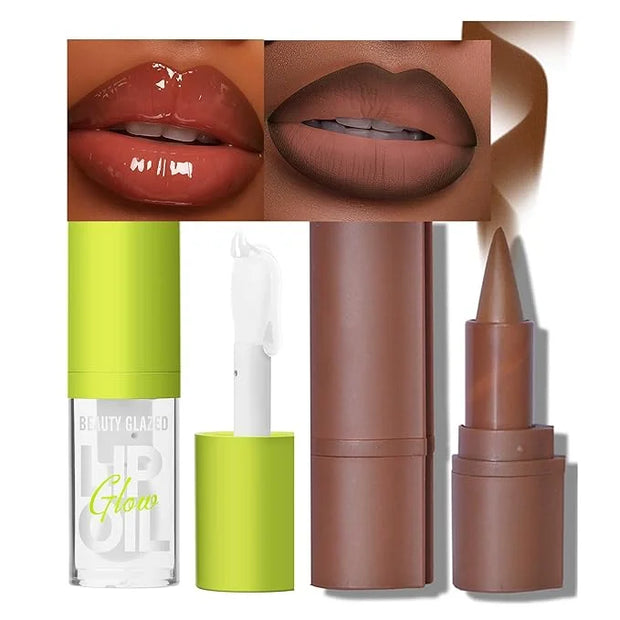 2Pcs Lip Oil and Lip Liner Set, Gradient Brown Lip Liner and Lipstick Lip Combo Set, Smooth Glossy Finish Lip Glow Oil for...