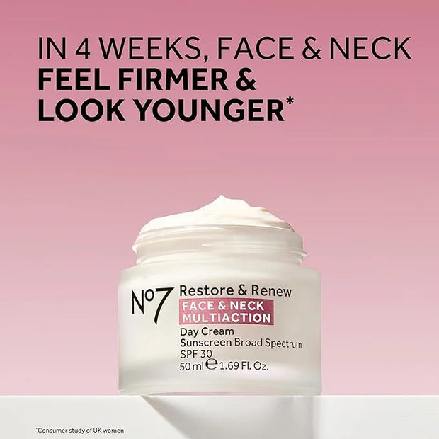 No7 Restore & Renew Multi Action Face & Neck SPF 30 Day Cream - Firming & Hydrating Face Moisturizer with Hyaluronic Acid ...