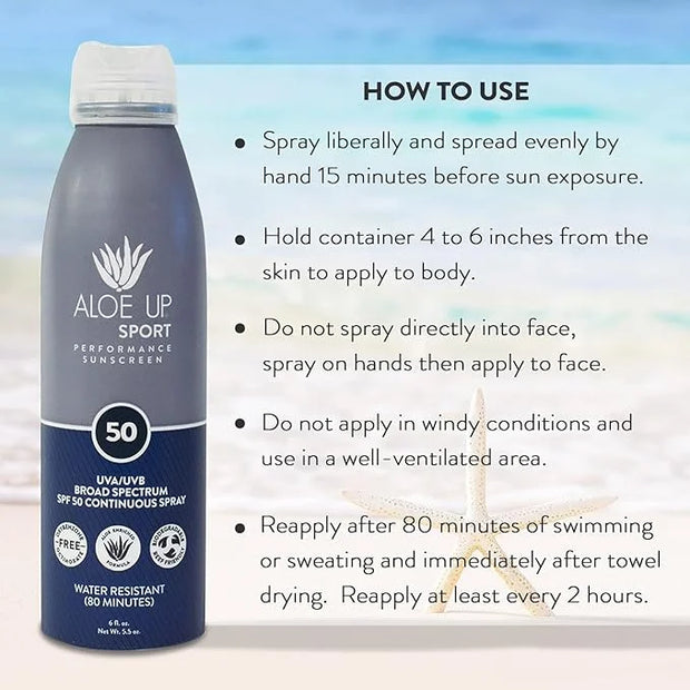 Aloe Up Sport Continuous Spray Sunscreen SPF 50- Broad Spectrum UVA/UVB Sunscreen Protector for Face and Body With Aloe Ve...