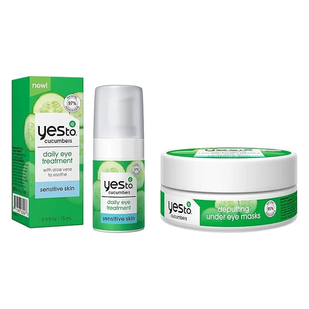 Yes To Cucumber Eye Treatment Bundle, Soothing Daily Treatment To Calm, Soothe & De-Puff Under Eyes, With Caffeine, Natura...