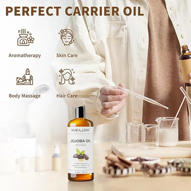 Jojoba Carrier Oil for Skin Pure Massage Oils 16 fl.oz.Cold Pressed Unrefined Natural Jojoba Oil for Hair,Face Body,Ear St...