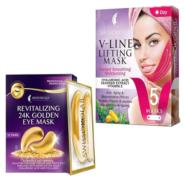 SWISSÖKOLAB Double Chin Reducer V Line Lifting Mask Face Slimming + Under Eye Patches For Puffy Eyes 24k Gold Eye Mask For...