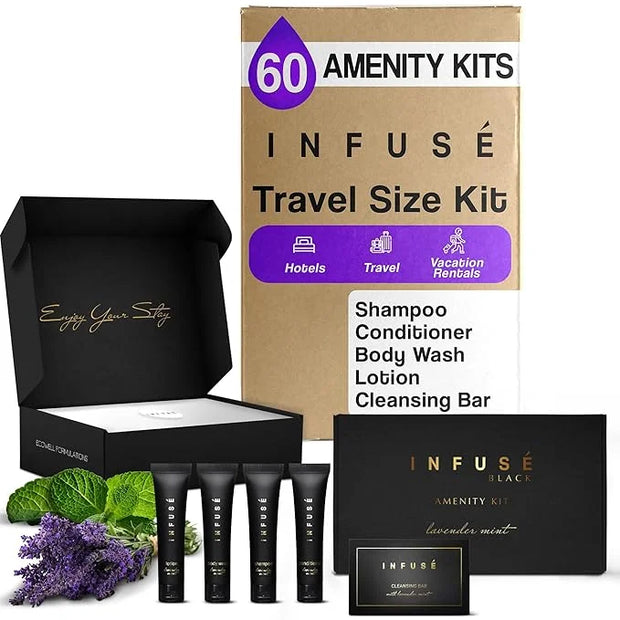 Infuse Black Amenity Kit | Boxed Hotel Toiletries | Bulk Set 1 oz Travel Size Shampoo, Conditioner, Lotion, Body Wash & Cl...