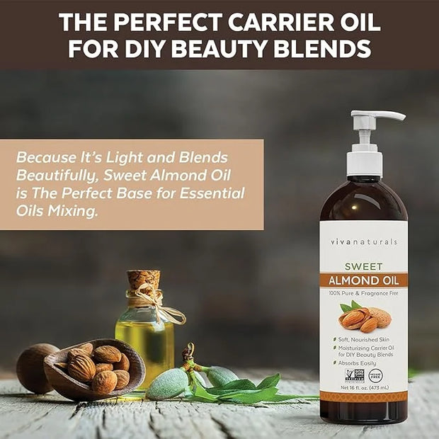 Sweet Almond Oil for Skin - Body Oil, Hair Moisturizer and Relaxing Massage and Oil, Carrier Oil for Essential Oils Mixing...