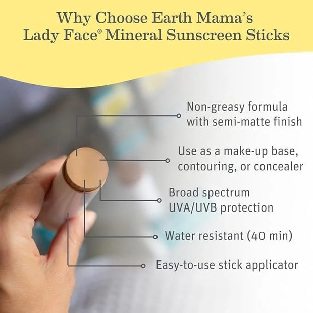 Earth Mama Lady Face® Tinted Mineral Sunscreen Stick, SPF 40 Medium/Dark Tint | Contains Organic Shea & Cocoa Butter | Fou...