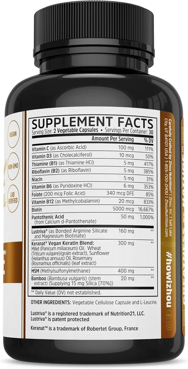 Zhou Hairfluence - Vegan Biotin Supplement for Hair Growth for Men & Women, Supports Stronger, Healthier Hair, Nails, & Gl...