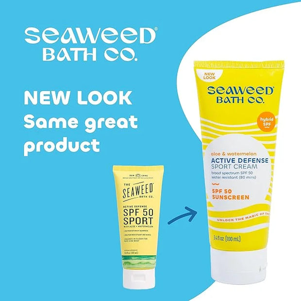 Seaweed Bath Co. Active Defense SPF 50 Sport Broad Spectrum Hybrid Sunscreen Cream, 3.4 Ounce, Sustainably Harvested Seawe...