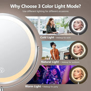10x Large Lighted Makeup Mirror, Rechargeable 8" Height Adjustable Vanity Mirror, 1x/10x Magnifying Mirror with 3 Color, B...