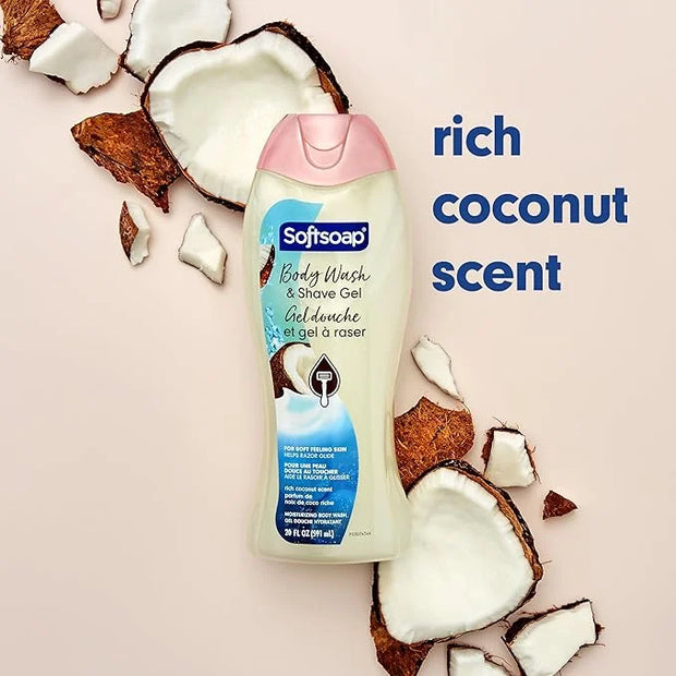 Softsoap Moisturizing Body Wash and Shave Gel, Rich Coconut Scent, 20 fl oz Bottle (Pack of 4) - Product Image