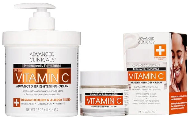 Advanced Clinicals Brightening Vitamin C Body Cream + Potent Vitamin C Face Moisturizer Gel Cream 2pc Skincare Set For Wom...