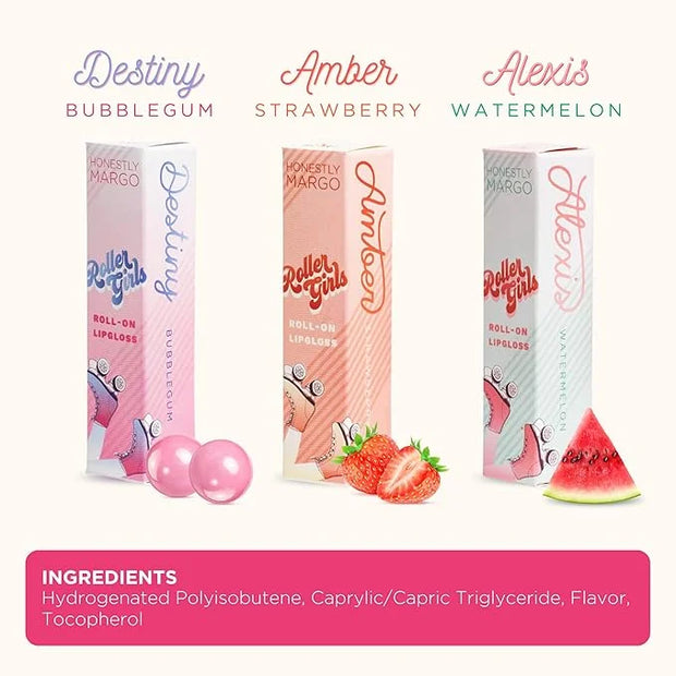 Roller Girl Roll-On Lip Gloss (Strawberry Amber, Watermelon Alexis, Bubblegum Destiny - Pack of 3) – Lip Gloss for Women w...