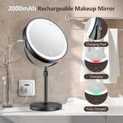 10x Large Lighted Makeup Mirror, Rechargeable 8" Height Adjustable Vanity Mirror, 1x/10x Magnifying Mirror with 3 Color, B...