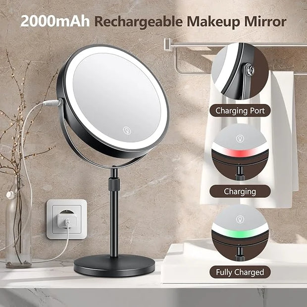 10x Large Lighted Makeup Mirror, Rechargeable 8" Height Adjustable Vanity Mirror, 1x/10x Magnifying Mirror with 3 Color, B...