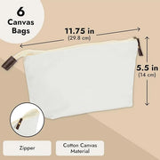 Juvale 6 Pack Canvas Makeup Bags with Zipper - 11.75 x 5.5 In White Cotton Canvas Makeup Bag Set for Toiletries and DIY Cr...
