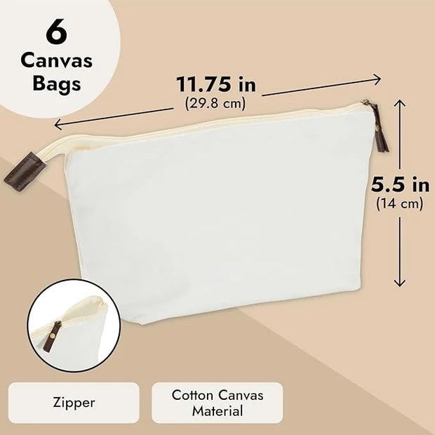 Juvale 6 Pack Canvas Makeup Bags with Zipper - 11.75 x 5.5 In White Cotton Canvas Makeup Bag Set for Toiletries and DIY Cr...