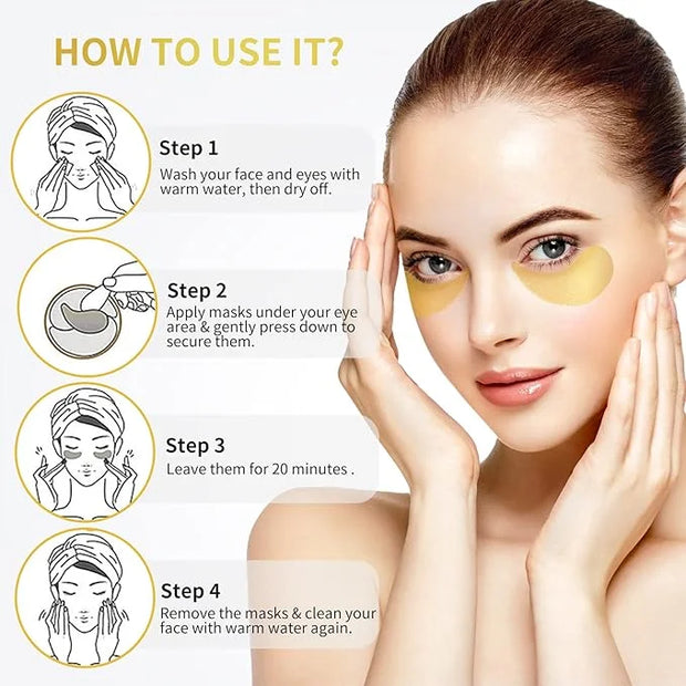 24K Gold Under Eye Patches - 60 Pack for Puffy Eyes, Dark Circles, Bags & Wrinkles with Collagen & Hyaluronic Acid - Produ...