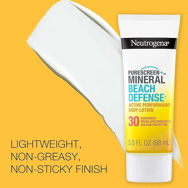 Neutrogena Purescreen+ Mineral Beach Defense Active Performance Body Lotion Sunscreen with Broad Spectrum SPF 30, Quick Dr...