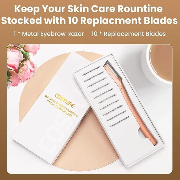 Eyebrow Razor Dermaplaning Tool with 10 Blade Refills Exfoliating Face Razors for Women Facial Razor for Peach Fuzz and Ey...