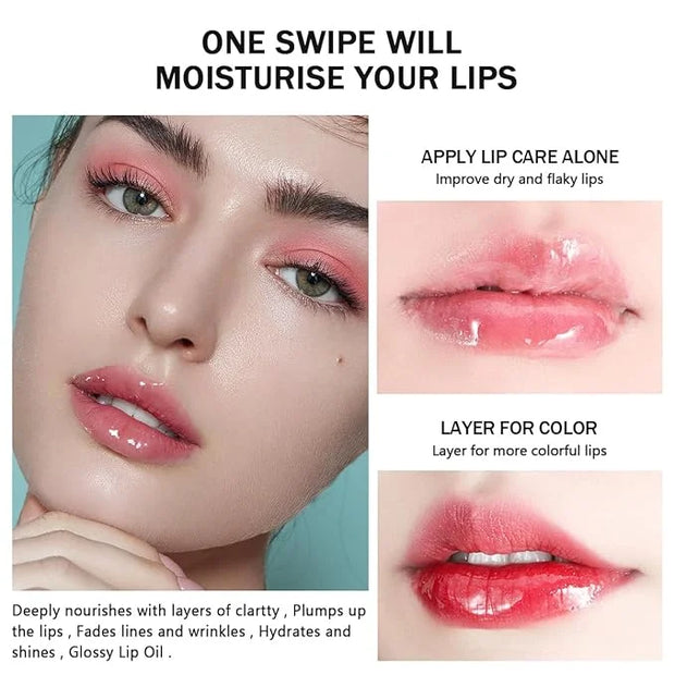 4 Pcs Plumping Lip Oil, Moisturizing Hydrating Lip Glow Oil Fruit Big Brush Head Lip Gloss Kit Smooth Glossy Finish Tinted...