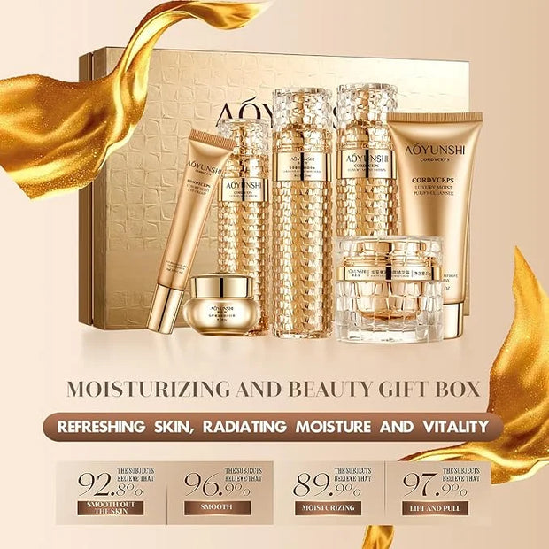 Luxurious Hydrating Skincare Gift Set with Cordyceps Extract - Includes Face Cleanser, Balm, Eye Cream, and 4-Piece Essenc...