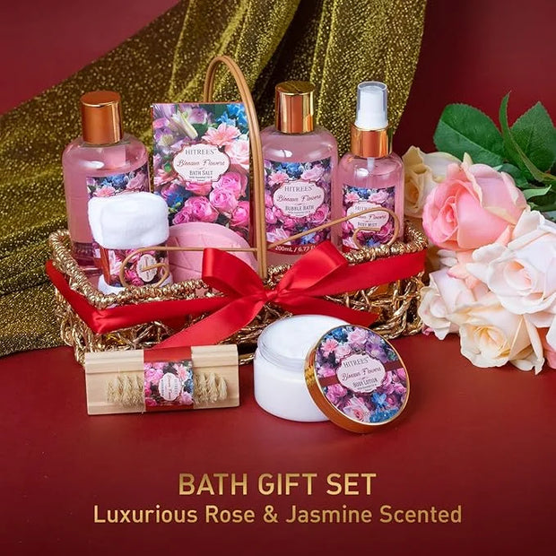Spa Gift Basket for Women, ROSE & JASMINE Friendship Gifts Women, Tote Bag, Shower Gel, Hand & Body Cream, Hitrees Bath Gi...