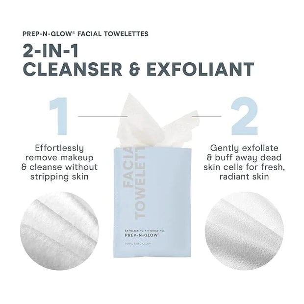 NuFACE Prep-N-Glow Facial Towelettes - 2-in-1 Exfoliating + Cleansing Makeup Remover Wipes, Hyaluronic Acid Travel Face Wi...