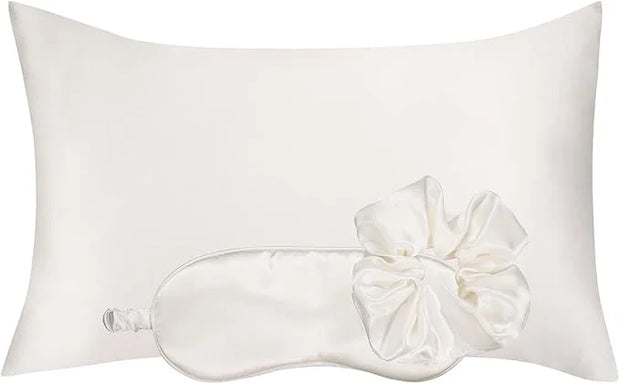 Vegan Silk Sleep Set, Silky Pillowcase with Large Scrunchie and Eye Mask for Hair and Skin, Self Care Essential Satin Nigh...