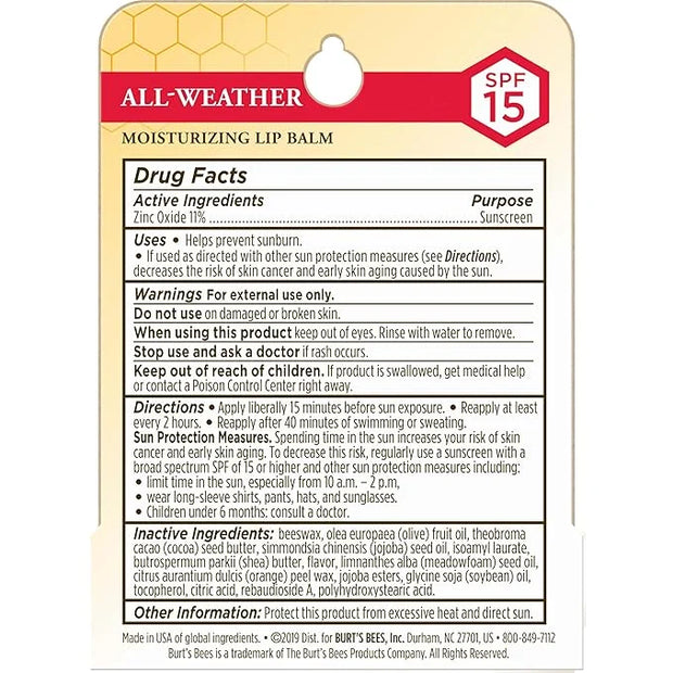 Burt's Bees All Weather SPF 15 Lip Balm, Water-Resistant Lip Moisturizer, Tint-Free, Natural Conditioning Lip Treatment, 1...
