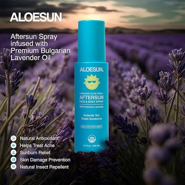 After Sun Face and Body Spray | Organic Aloe Vera Gel with Pure Lavender Essential Oil | Sunburn Relief Natural Aftersun S...