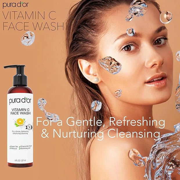 PURA D'OR 8 Oz Vitamin C Face Wash - Antioxidant Rich Facial Cleanser For Radiant Glow & Even Skin Tone - Gentle, Refreshi...