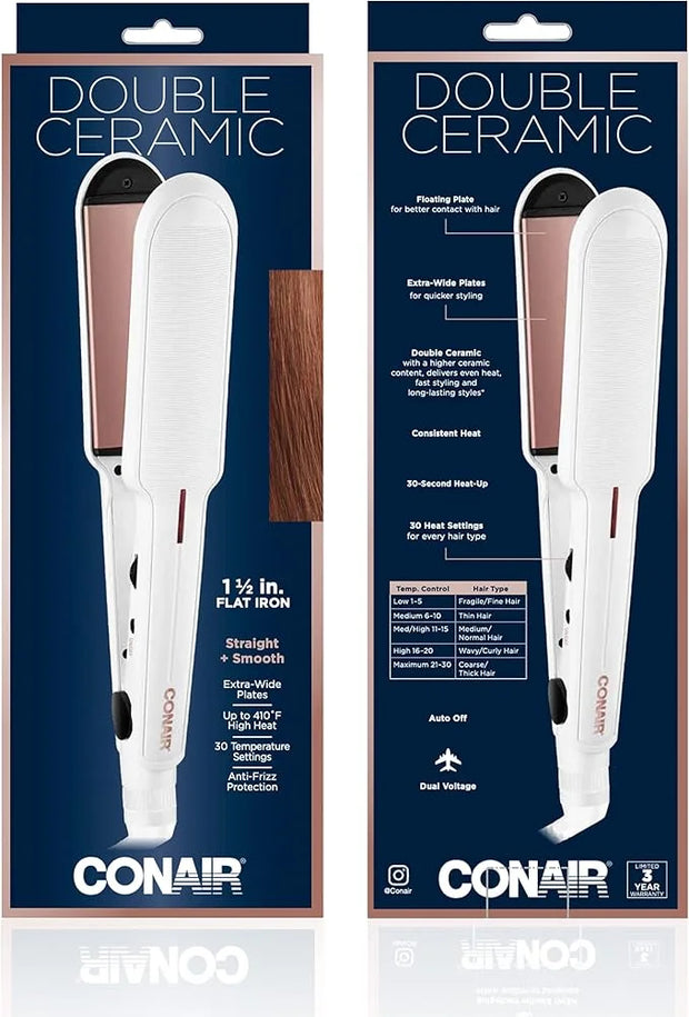 Conair Double Ceramic Flat Iron, 1 1/2-inch , White - Product Image