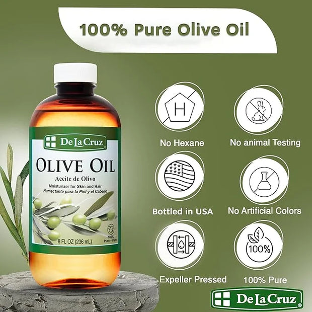 De La Cruz Pure Olive Oil - Natural Expeller Pressed Olive Oil for Hair and Skin - Lightweight Body Oil for Dry Skin 8 Fl ...