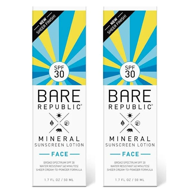 Bare Republic Mineral Face Sunscreen Lotion. Lightweight, Unscented and Water-Resistant Face Moisturizer, 1.7 Oz, 2 Pack, ...