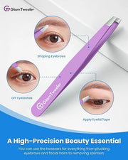 Expert Slant Tip Tweezers with Leather Case, GlamTweeler Sharp & Precision Stainless Steel Tweezer for Eyebrows, Facial Ha...