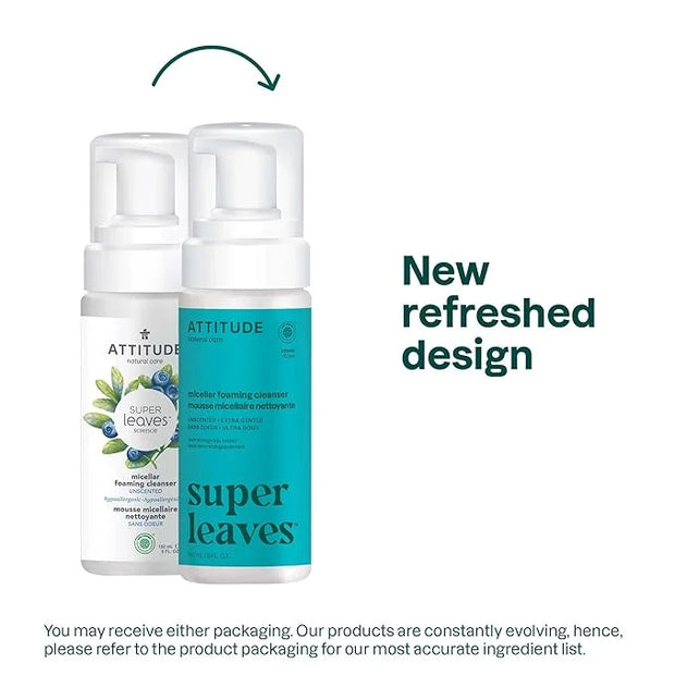 ATTITUDE Micellar Foaming Facial Cleanser, EWG Verified, Dermatologically Tested, Plant and Mineral-Based, Vegan, Unscente...