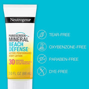 Neutrogena Purescreen+ Mineral Beach Defense Active Performance Body Lotion Sunscreen with Broad Spectrum SPF 30, Quick Dr...