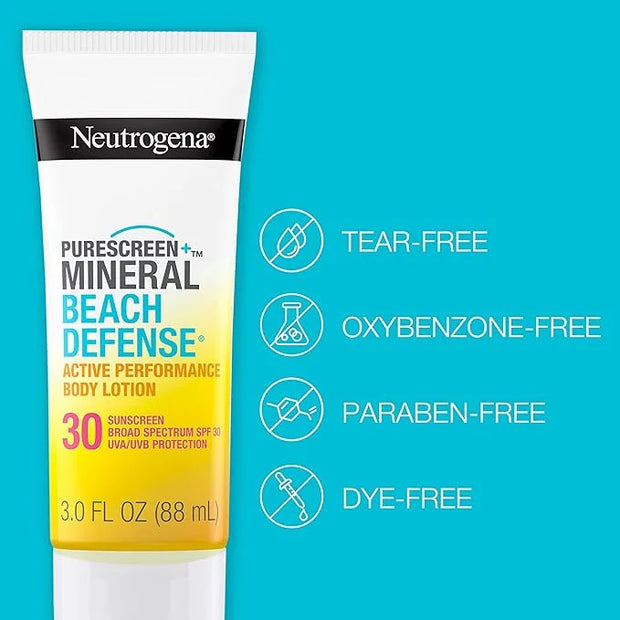 Neutrogena Purescreen+ Mineral Beach Defense Active Performance Body Lotion Sunscreen with Broad Spectrum SPF 30, Quick Dr...