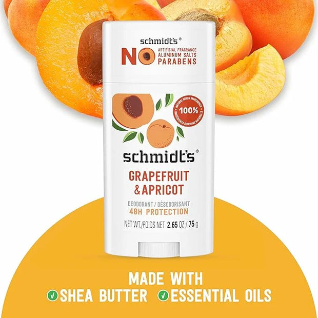Schmidt's Aluminum-Free Vegan Deodorant Grapefruit & Apricot with 24-Hour Odor Protection, 2 Count for Women and Men, Natu...