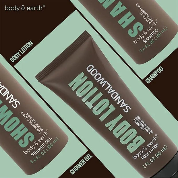 Sandalwood Men's Bath & Body Set - Shower Gel, Body Lotion, Shampoo - Self Care Gifts for Men - Product Image