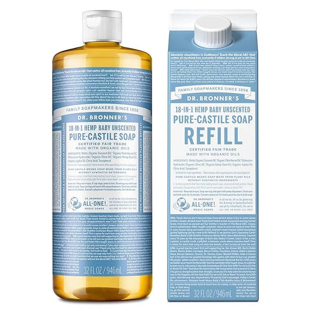 Dr. Bronner’s Pure-Castile Liquid Soap Bottle & Refill Carton - Made with Regenerative Organic Certified Oils, 82% Less Pl...