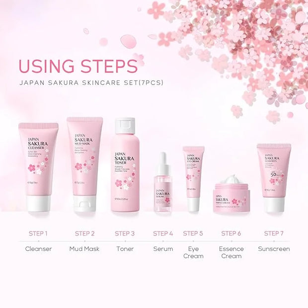 Skin Care Set JAPAN-SAKURA Women Beauty Gift Sets Skin Care Kit, Self-Care Skincare Set: Cleanser,Toner,Serum,Cream,Mud Ma...